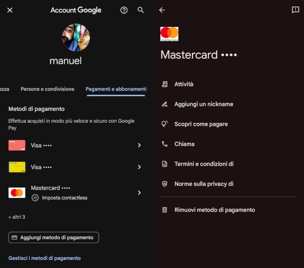 schermate metodi di pagamento app Google 