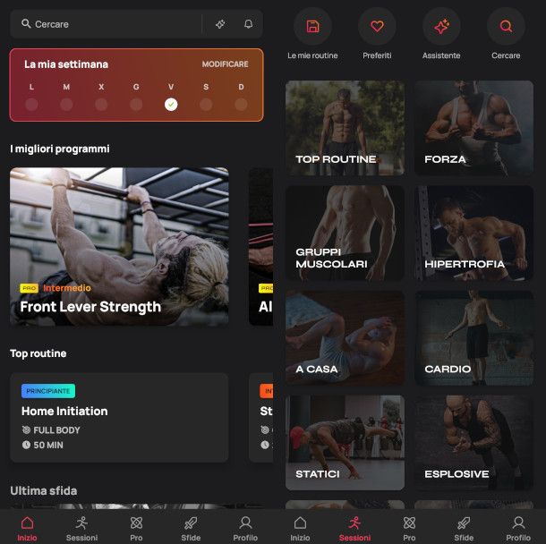 schermate allenamenti ed esercizi app Calisteniapp