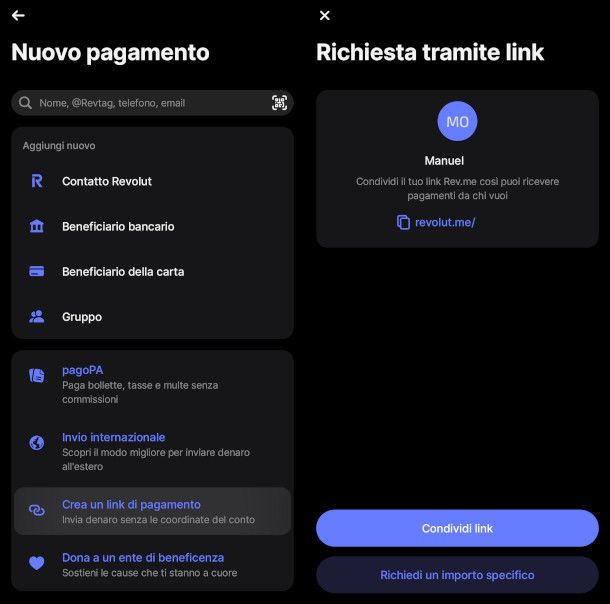 schermate creazione link di pagamento app Revolut