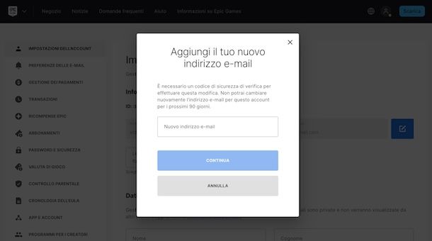 Impostare nuovo indirizzo email su Epic Games