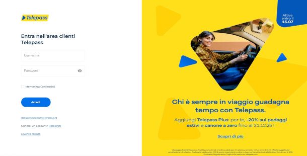 pagina di accesso al sito Telepass