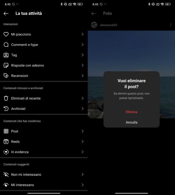 Eliminare definitivamente post Instagram Android