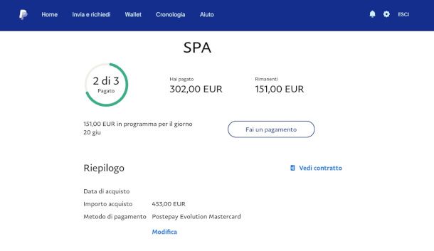 pagina pagamento in tre rate sito PayPal