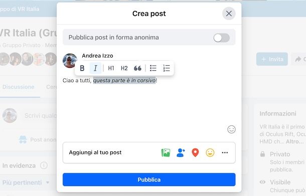 Scrivere in corsivo nei gruppi Facebook
