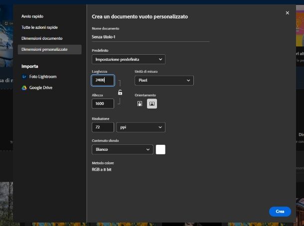 Crea nuovo documento photoshop online