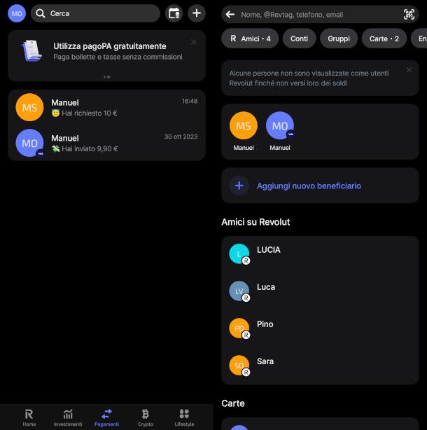 schermate ricerca contatti app Revolut