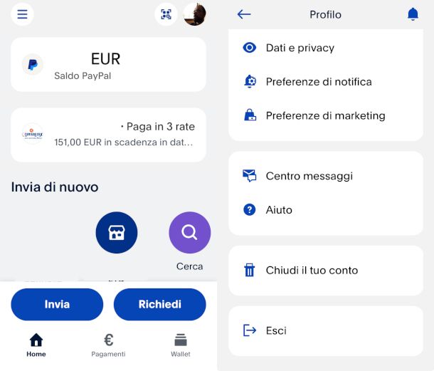 funzione chiusura conto app PayPal