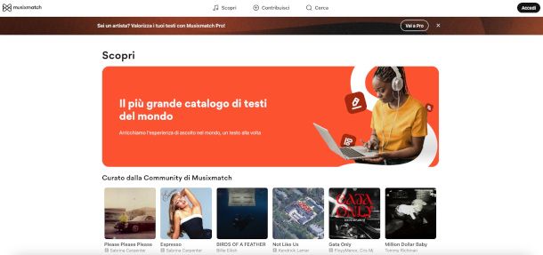 funzione Scopri sito MusixMatch