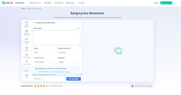 interfaccia sito HIX.AI per generazione testi con IA