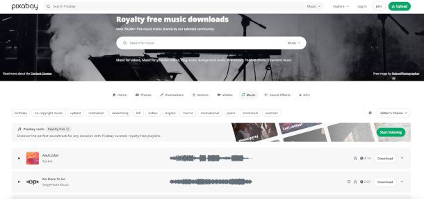 download brani da sito Pixabay