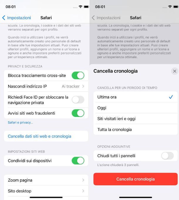 safari iphone cronologia