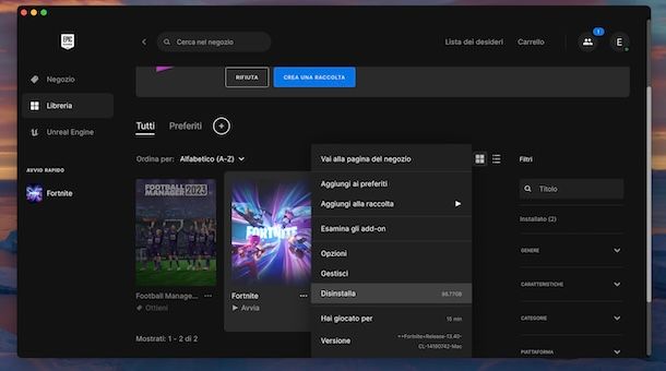 Disinstallare Fortnite da Epic Games