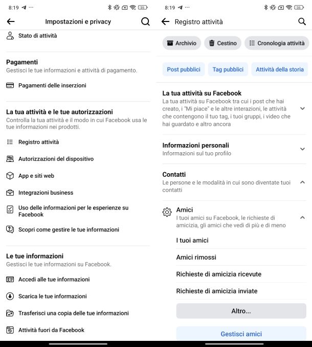 Facebook amici rimossi app