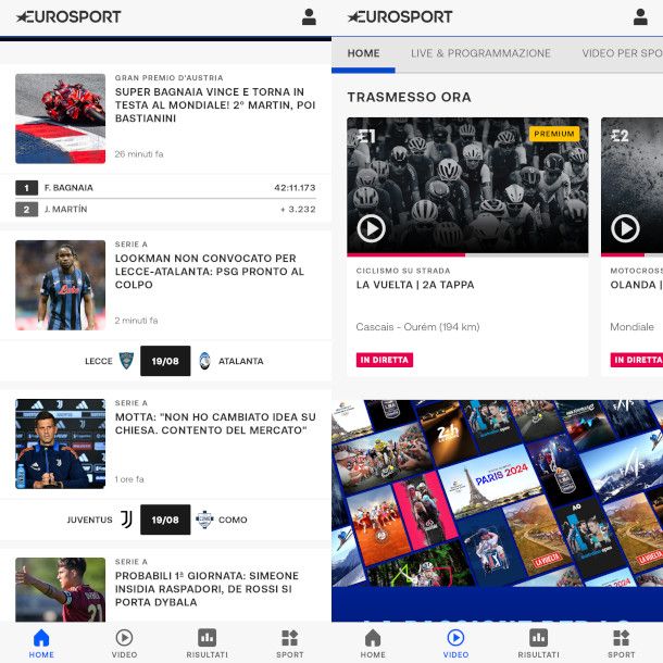 schermate app Eurosport