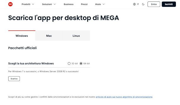 schermata di download del client MEGA