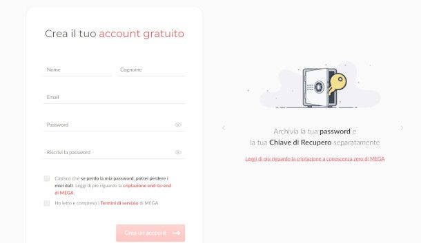 iscrizione account free su sito MEGA