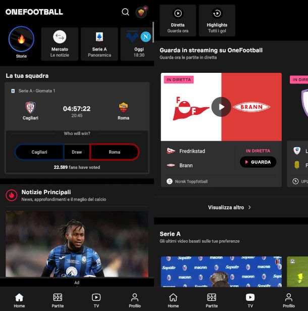 schermate app OneFootball