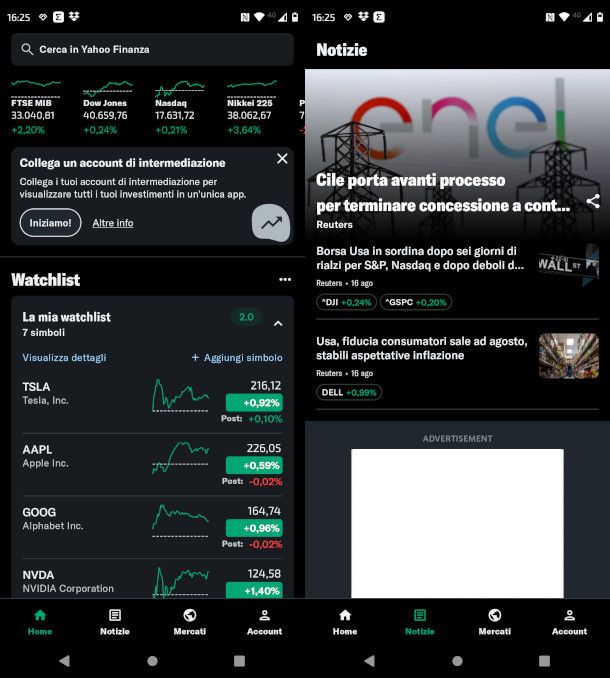 schermate app Yahoo Finanza