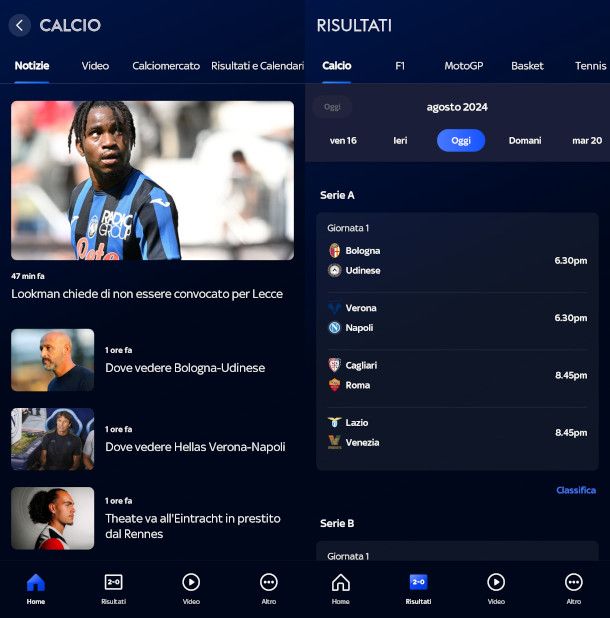 schermate app Sky Sport