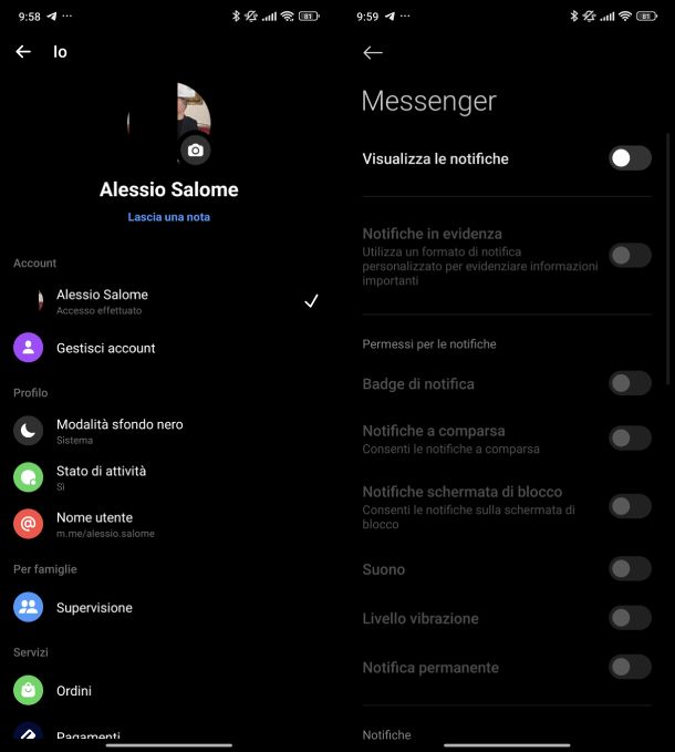 Disattivare notifiche Messenger Android