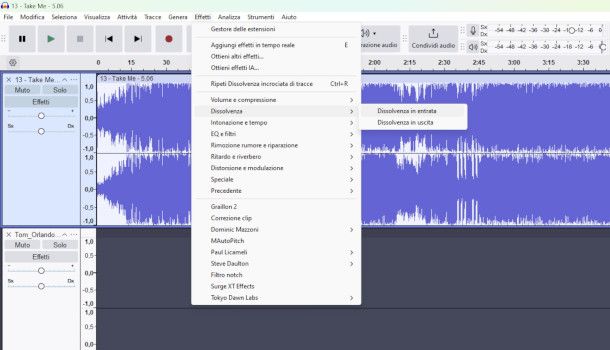 applicazione dissolvenza in entrata e in uscita su Audacity