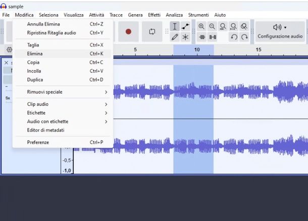 Audacity comando elimina 