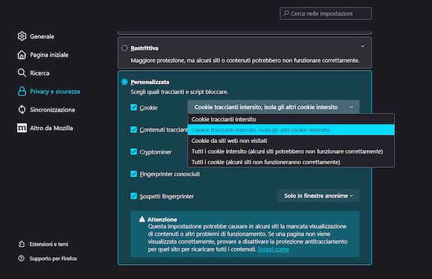Disattivare cookie Firefox Windows