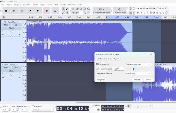dissolvenza incrociata su Audacity