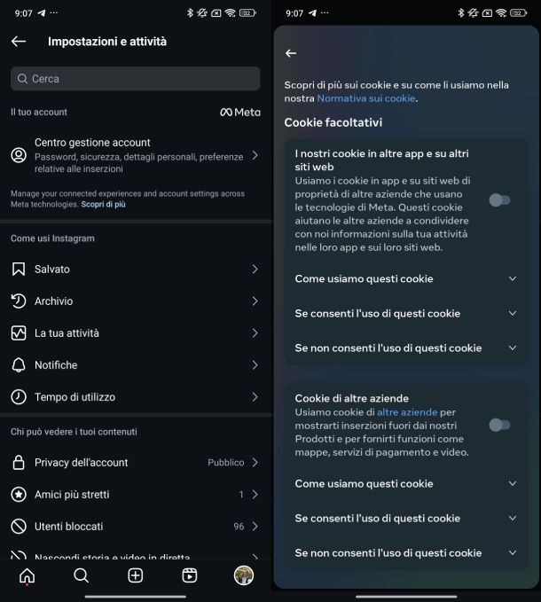 Disattivare cookie Instagram Android