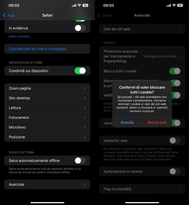 Disattivare cookie Safari iPhone