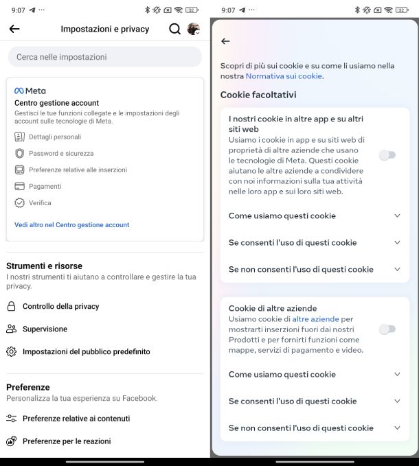 Disattivare cookie Facebook Android