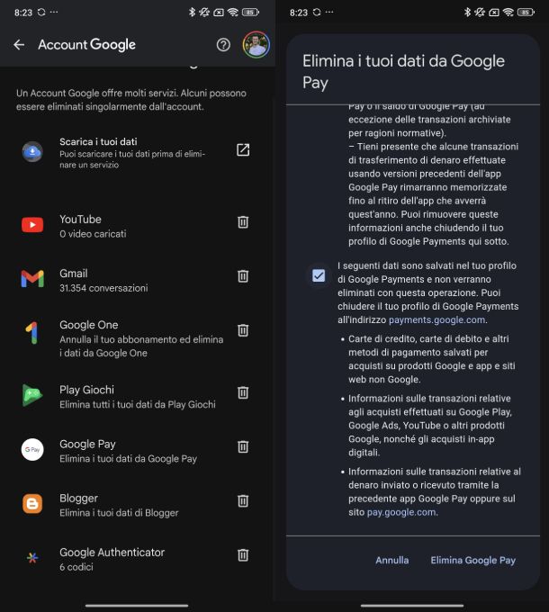 Rimozione tutti dati Google Pay
