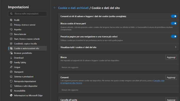 Disattivare cookie Edge Windows
