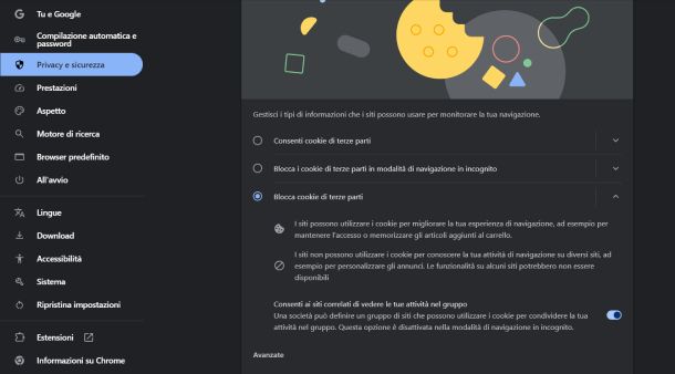 Disattivare cookie Chrome Windows