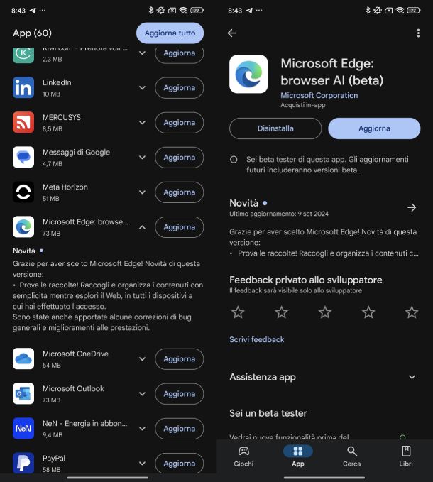 Aggiornare Microsoft Edge Android