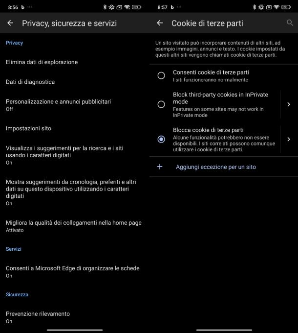 Disattivare cookie Edge Android