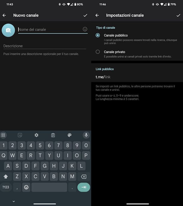 Creare canale Telegram da app