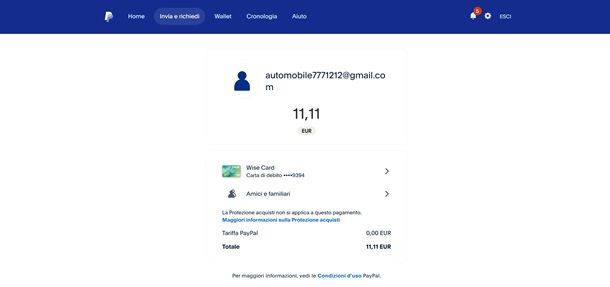 paypal inviare carta