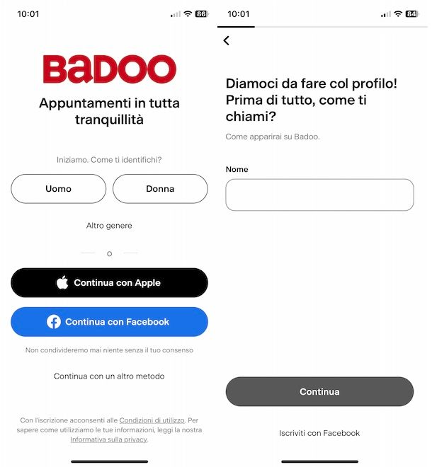 Creare account su Badoo