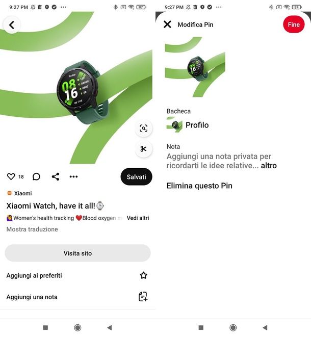 come eliminare gli elementi salvati su Pinterest smartphone