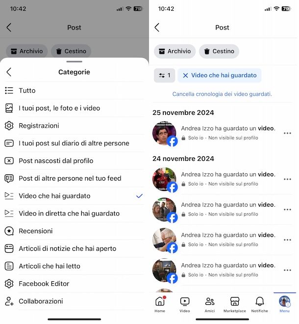 Vedere cronologia video su Facebook
