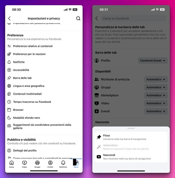 Togliere collegamenti rapidi Facebook iPhone