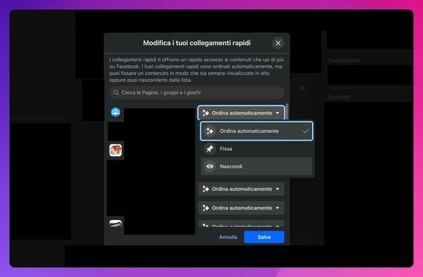Togliere collegamenti rapidi Facebook Web