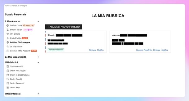 Cambiare indirizzo spedizione SHEIN Web