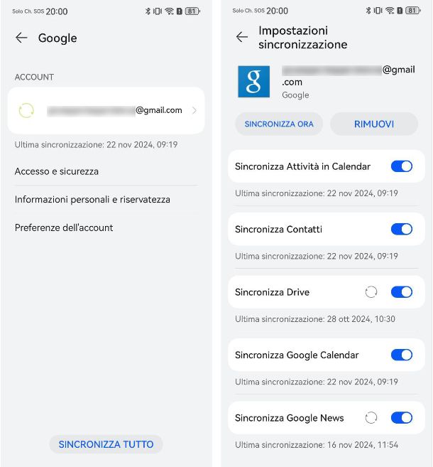 Sincronizzazione dati di Google