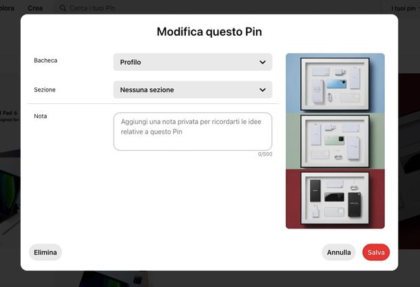 come eliminare gli elementi salvati su Pinterest PC