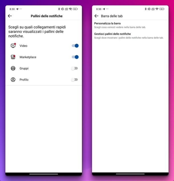 Personalizzare notifiche collegamenti rapidi Facebook Android