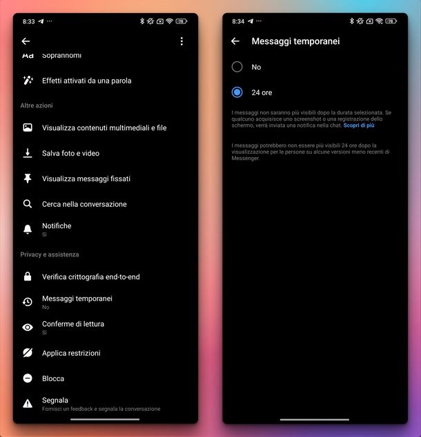 Messaggi temporanei Messenger Android