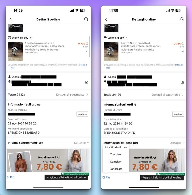 Cambiare indirizzo spedizione SHEIN iOS