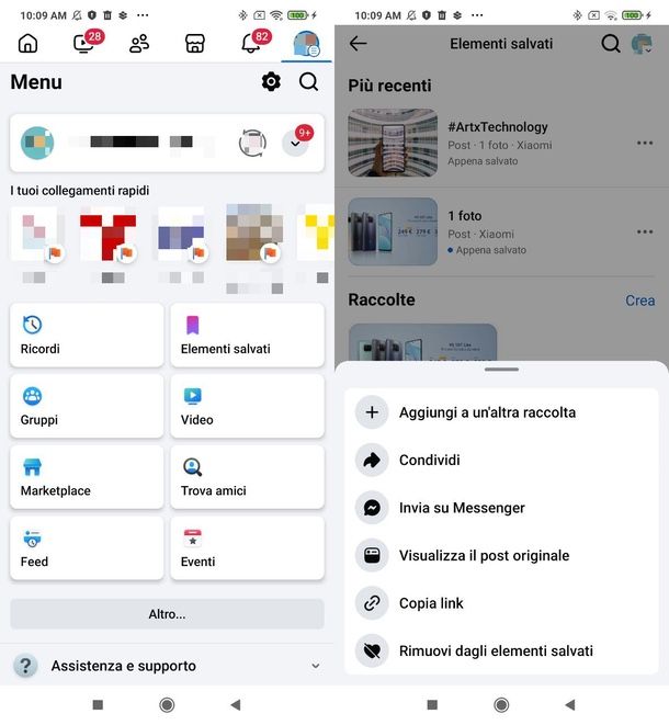 come eliminare gli elementi salvati su Facebook smartphone